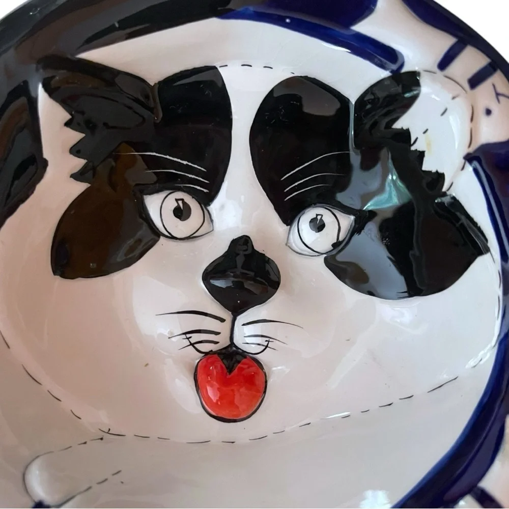 NEW Vtg Baum Bros. Hand Painted Ceramic 3D Fish & Paws Kitty Cat Food/Dish Bowl